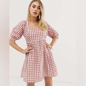 NEW ASOS DESIGN Pink/White Mini Smock Dress in Gingham Sz 10